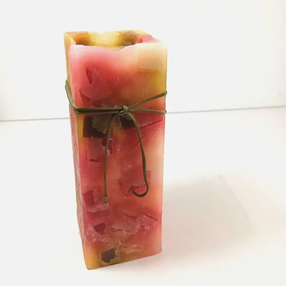Vintage Chunk Pillar Candle Square Mosaic Wax Red Yellow Cream Rustic Decor